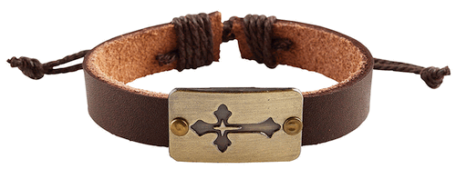 Rugged Brown Leatherette Cross Bracelet
